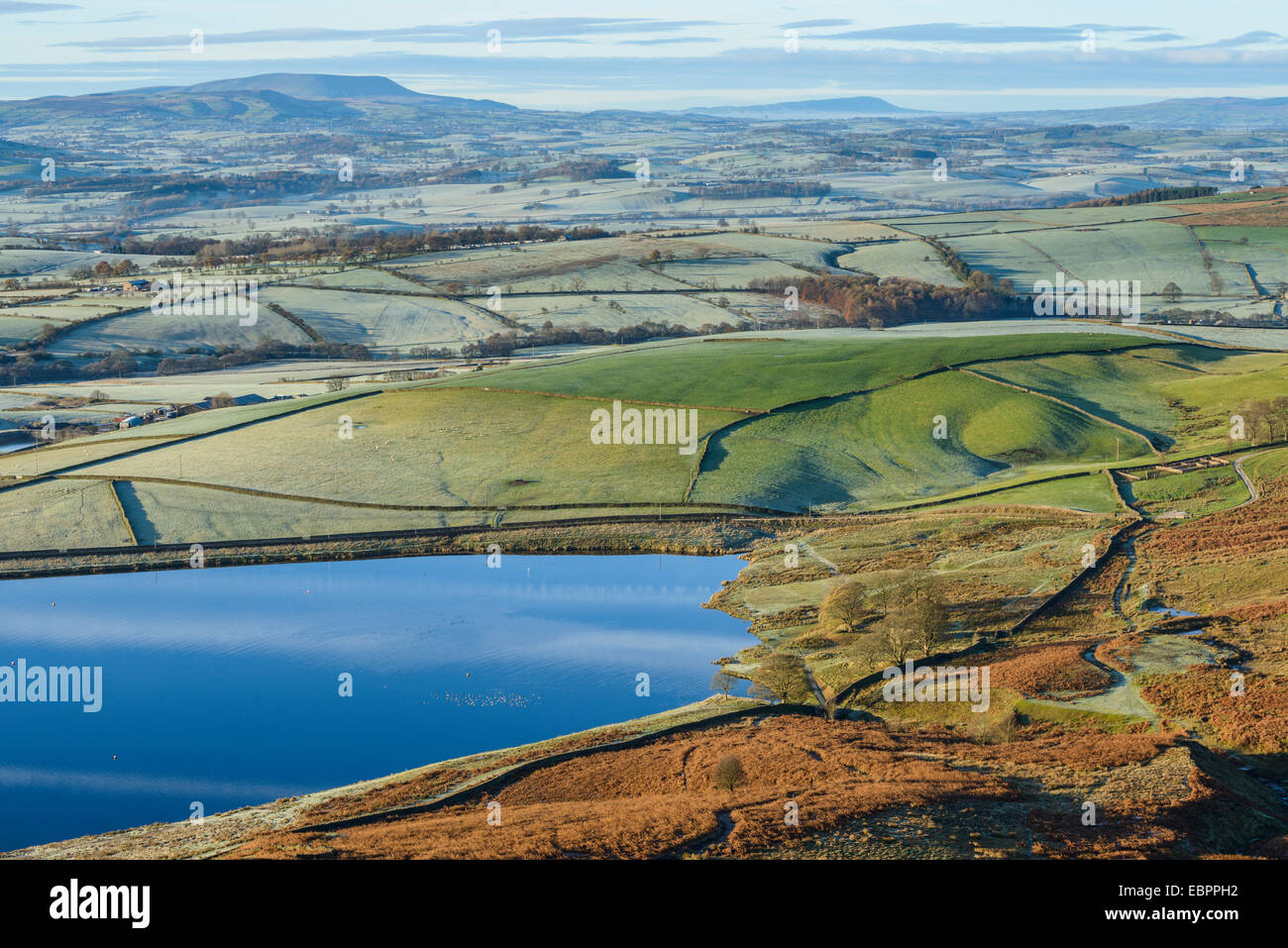 Early morning view in late autumn from Embsay Crag, Pendle Hill beyond, North Yorkshire, Yorkshire, England, UK Stock Photo