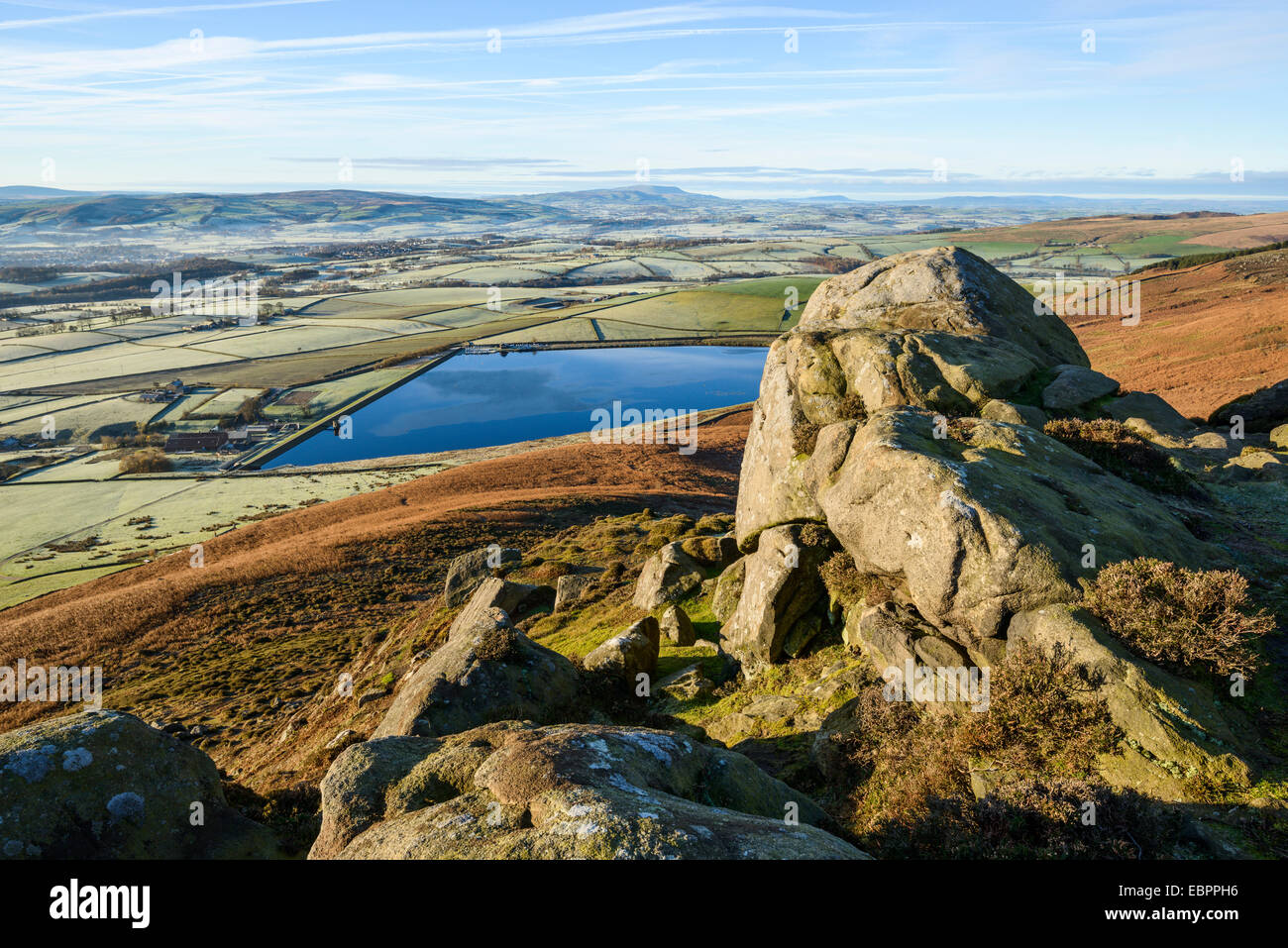 Early morning view in late autumn from Embsay Crag, Pendle Hill beyond, North Yorkshire, Yorkshire, England, UK Stock Photo