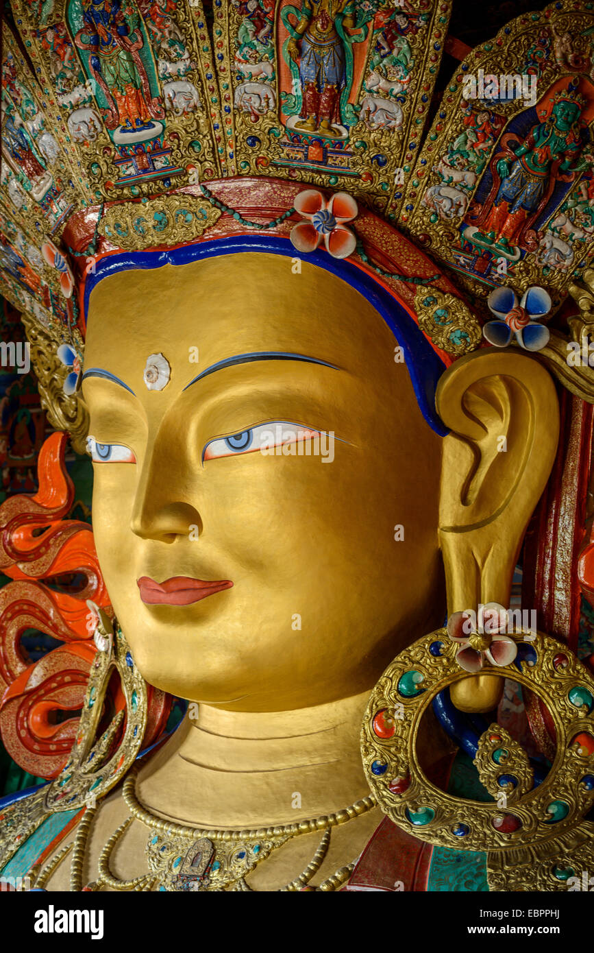 Detail of the statue of the Maitreya (future Buddha), Thiksey Gompa, Ladakh, Himalayas, India Stock Photo