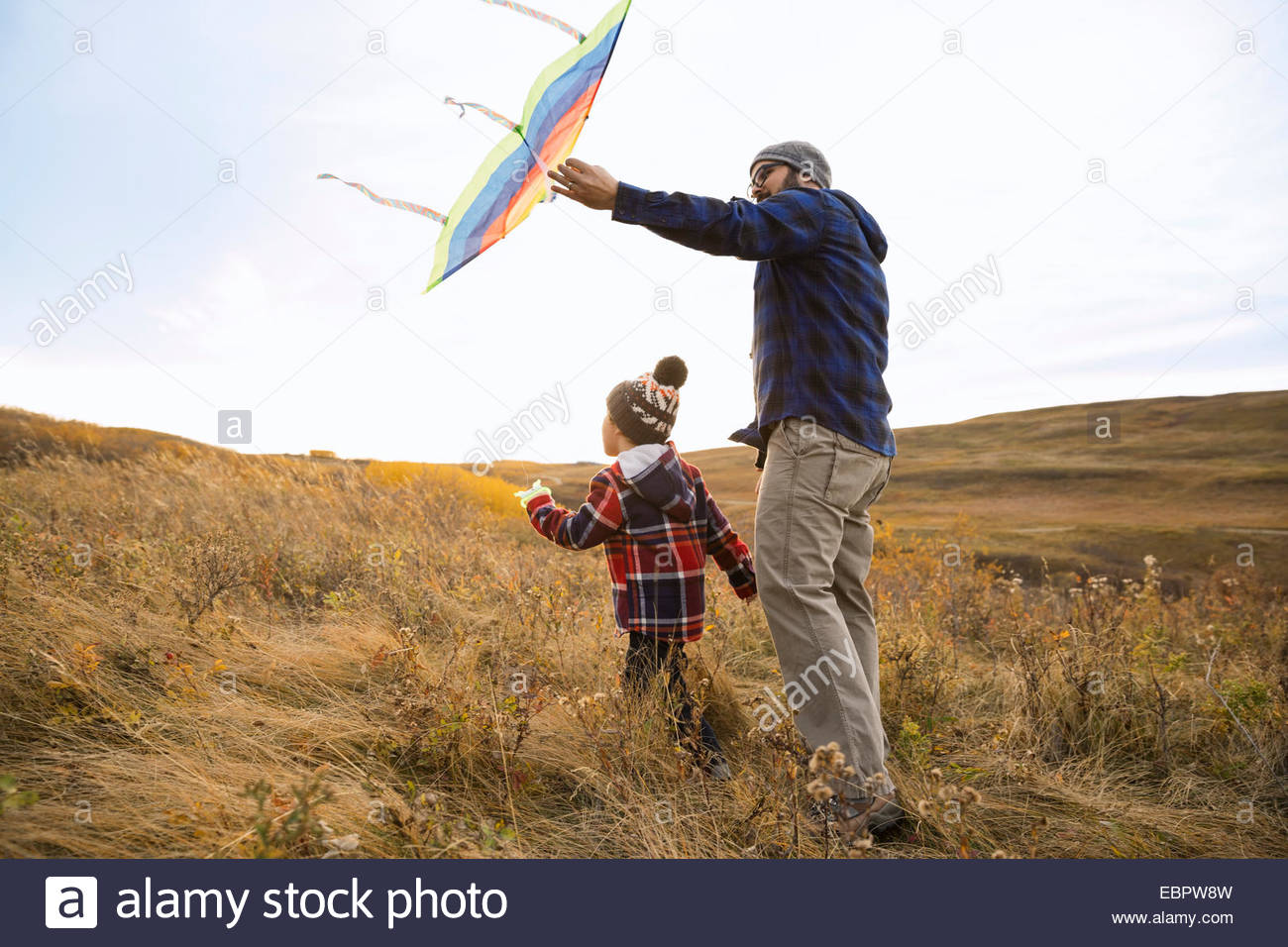 Father and son with kite walking in field Stock Photo