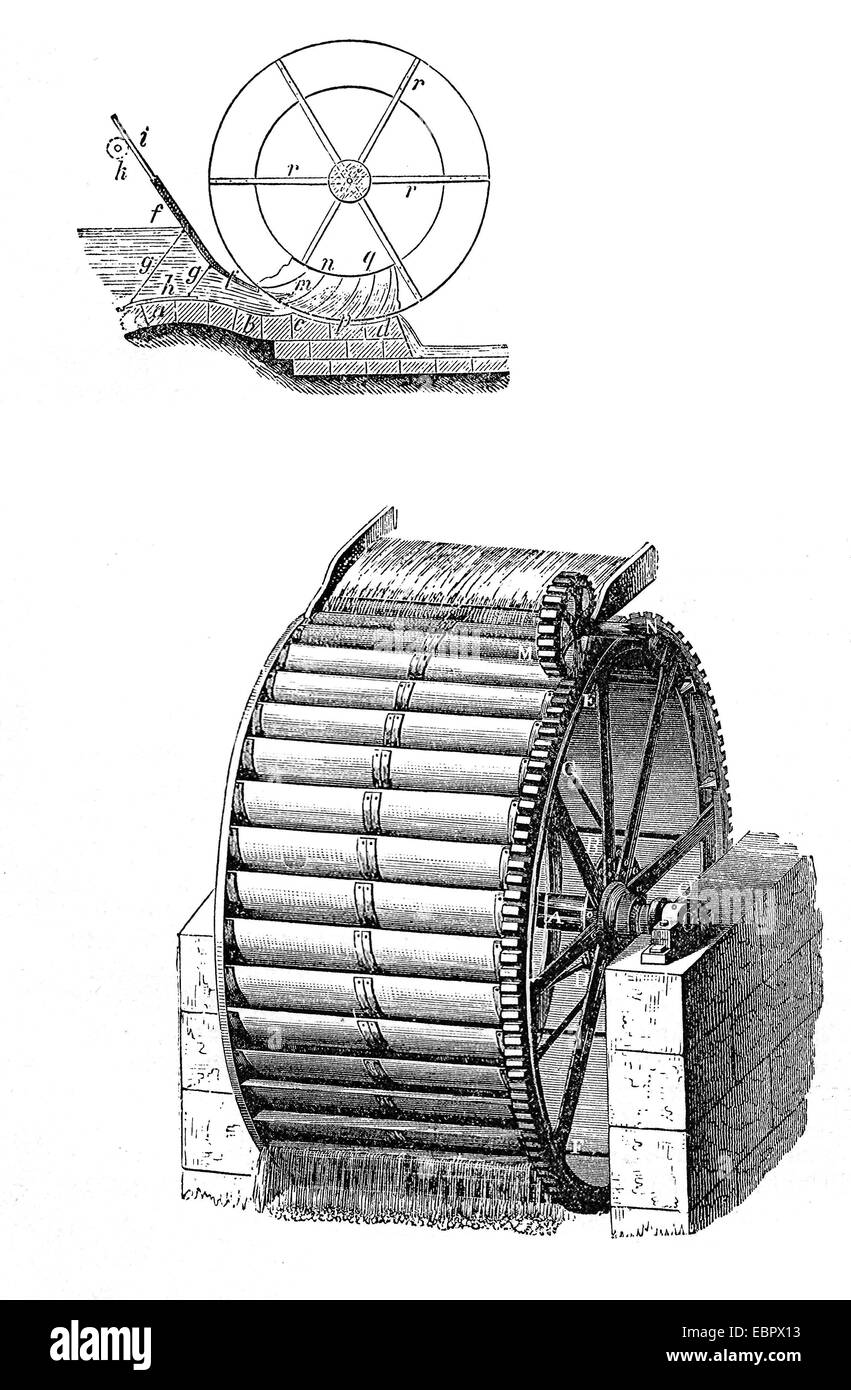 Energy from water, vintage water mill wheel, black and white engraving Stock Photo