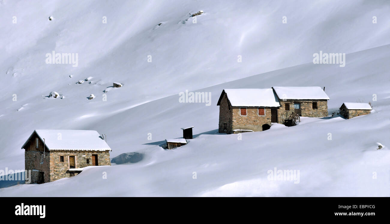 chalets in snow landscape, France, Savoie, Gitalmon Stock Photo