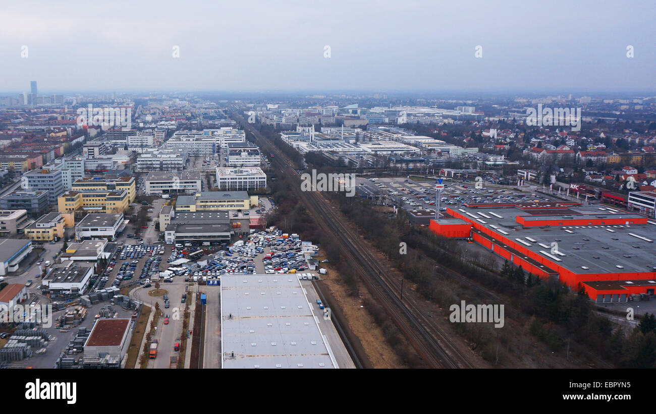 aerial view to rail freight transport in Munich Nord and industrial buildings, 1.3.2014, Germany, Bavaria, Muenchen Stock Photo
