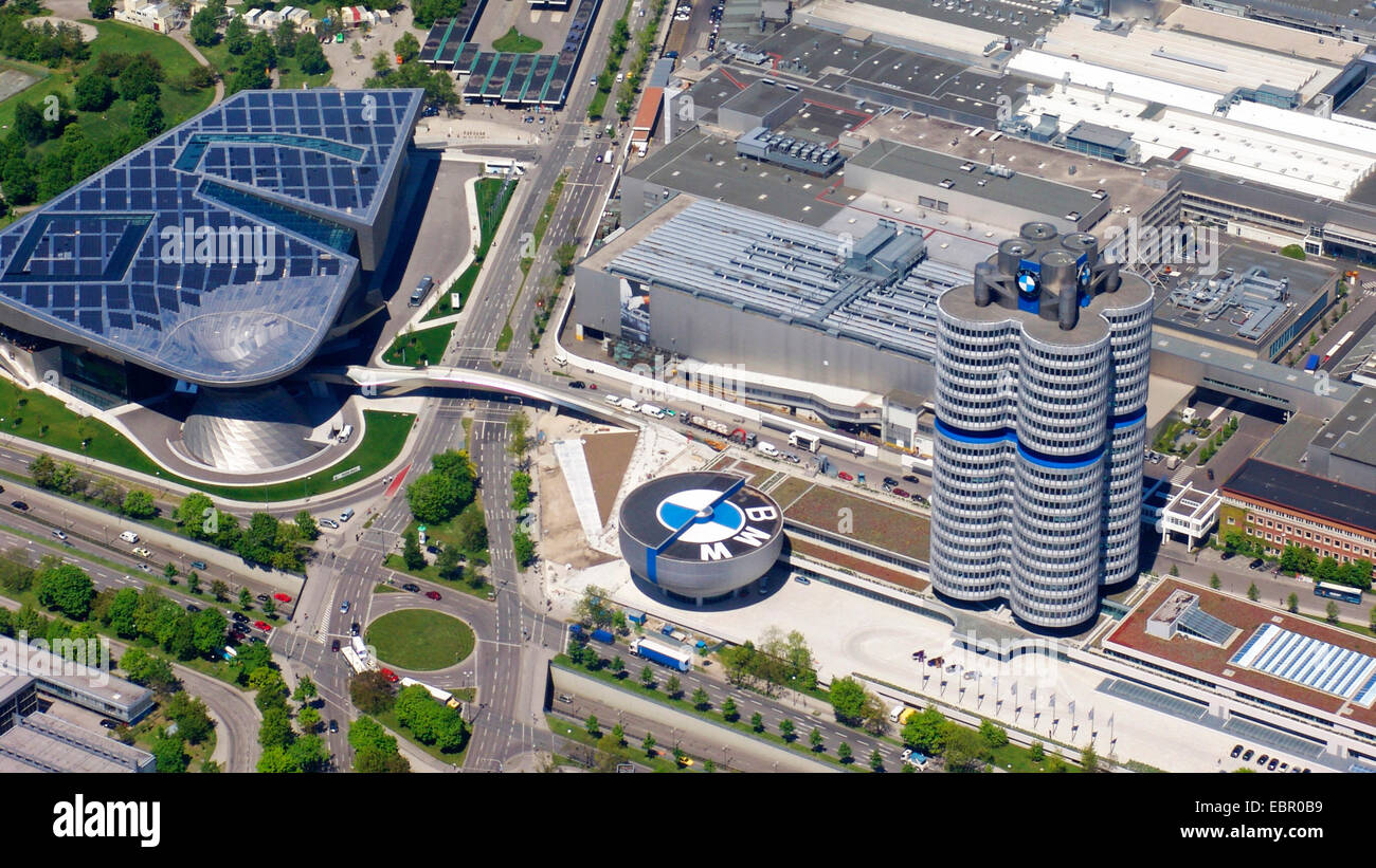 aerial view to BMW World, BMW Museum and BMW four-cylinder, 8.5.2008, Germany, Bavaria, Muenchen Stock Photo