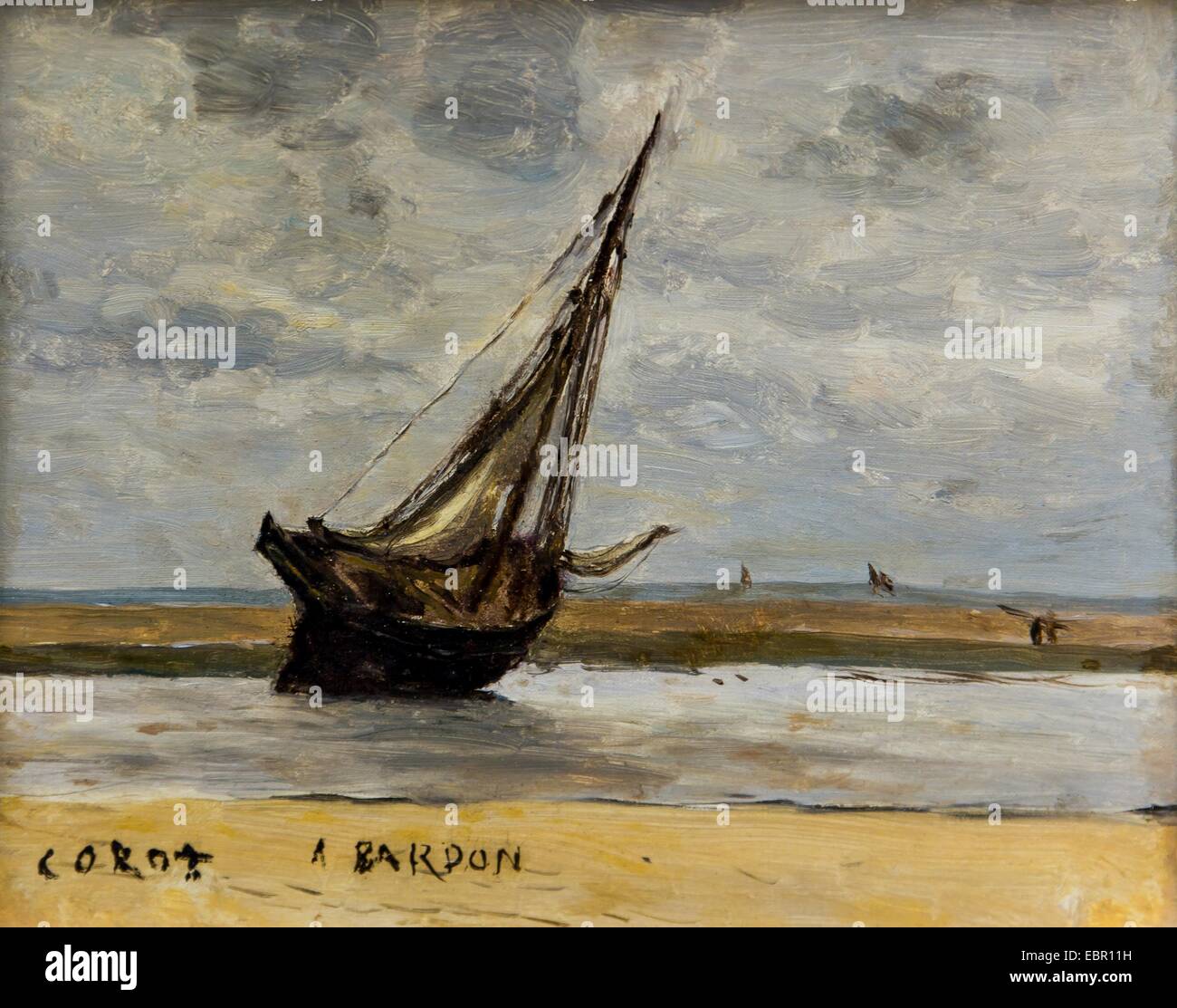 ActiveMuseum 0001646.jpg / Trouville. Boat aground aka Fishing boat at low tide. circa 1840 - Camille Corot Oil on canvas 25/09/2013  -   / 19th century Collection / Active Museum Stock Photo