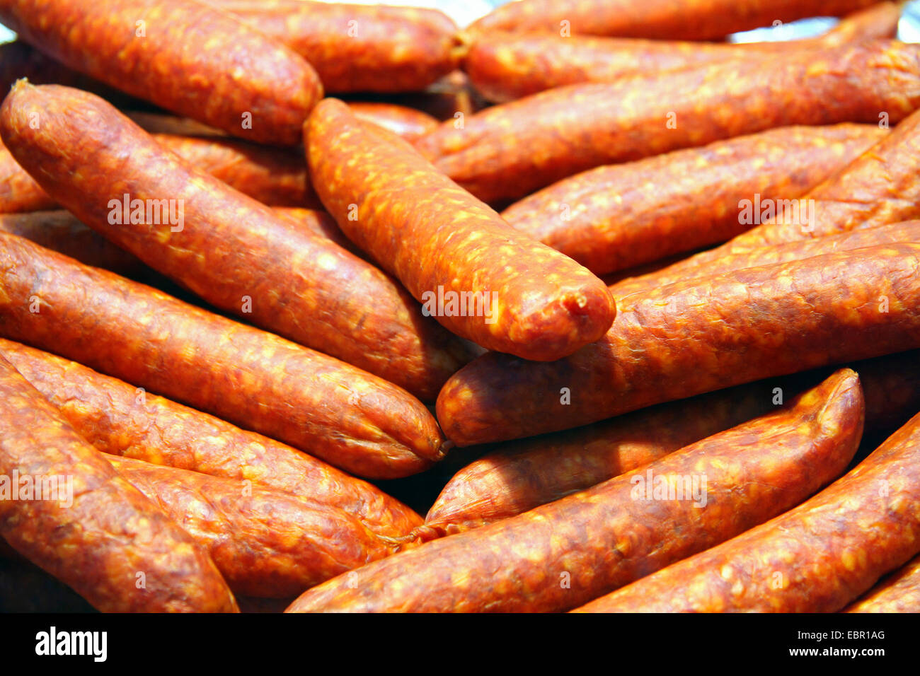 smoked Mettwurst sausages on a weekly market, Germany Stock Photo