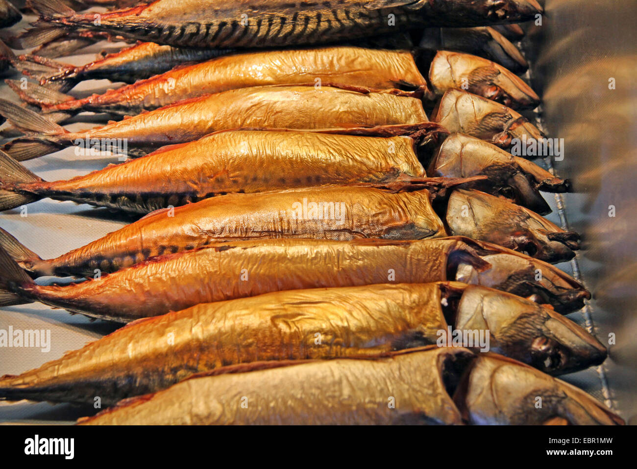 smoked mackerels on the weekly market, Germany Stock Photo