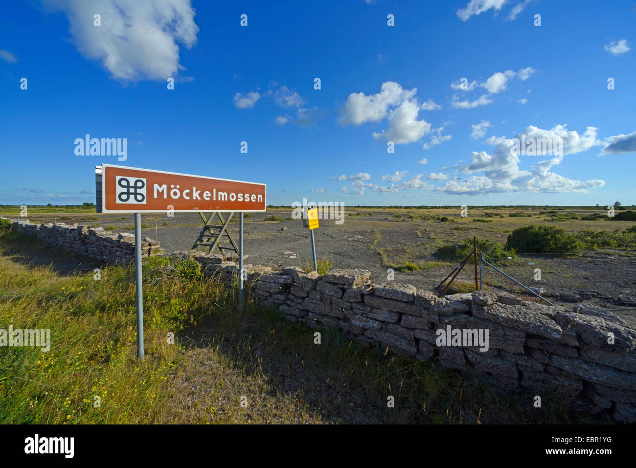 information sign Moeckelmossen at the UNESCO World Heritage Site Stora Alvaret, Sweden, Oeland, Mysinge Naturreservat und Gynge Naturreservat Stock Photo