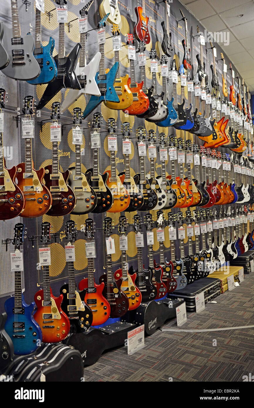 New Epiphone, Fender & Gibson guitars for sale at the Guitar Center on West  14th Street in Manhattan, New York, City Stock Photo - Alamy