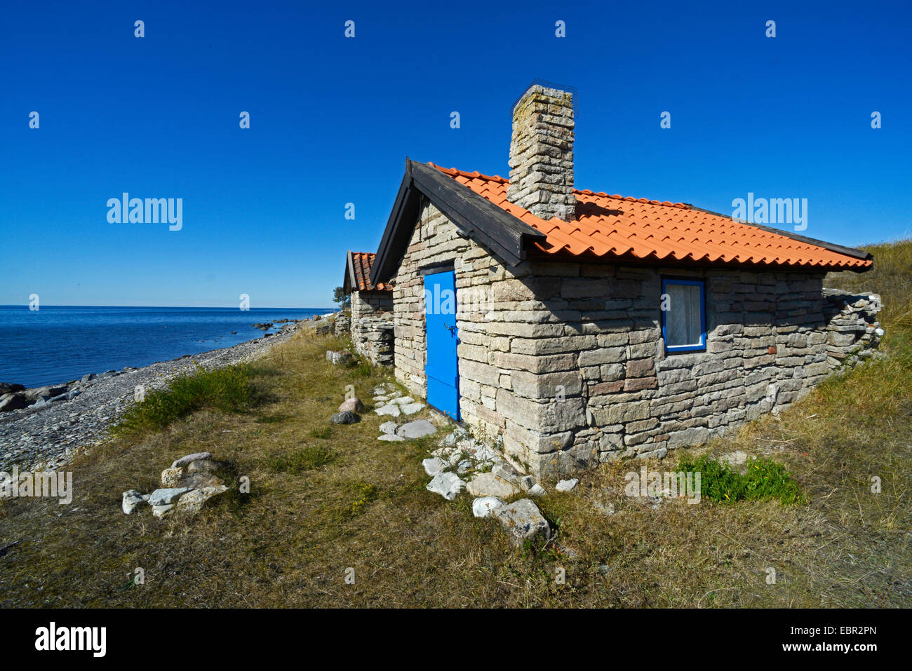 traditional fishing house at the Kalmarsund, Sweden, Oeland Stock Photo