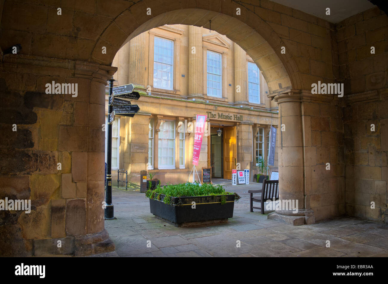Shrewsbury Museum and Art Gallery seen through an arch of the Town Hall, Shrewsbury, Shropshire, England, UK Stock Photo