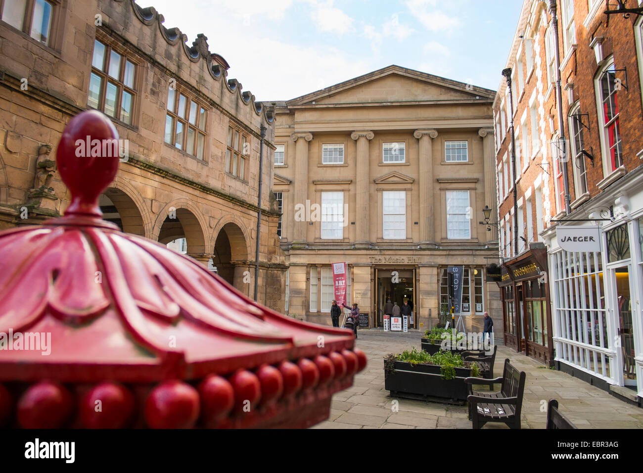 Shrewsbury Museum and Art Gallery beside the town hall and Victorian post box, Shropshire, England, UK Stock Photo