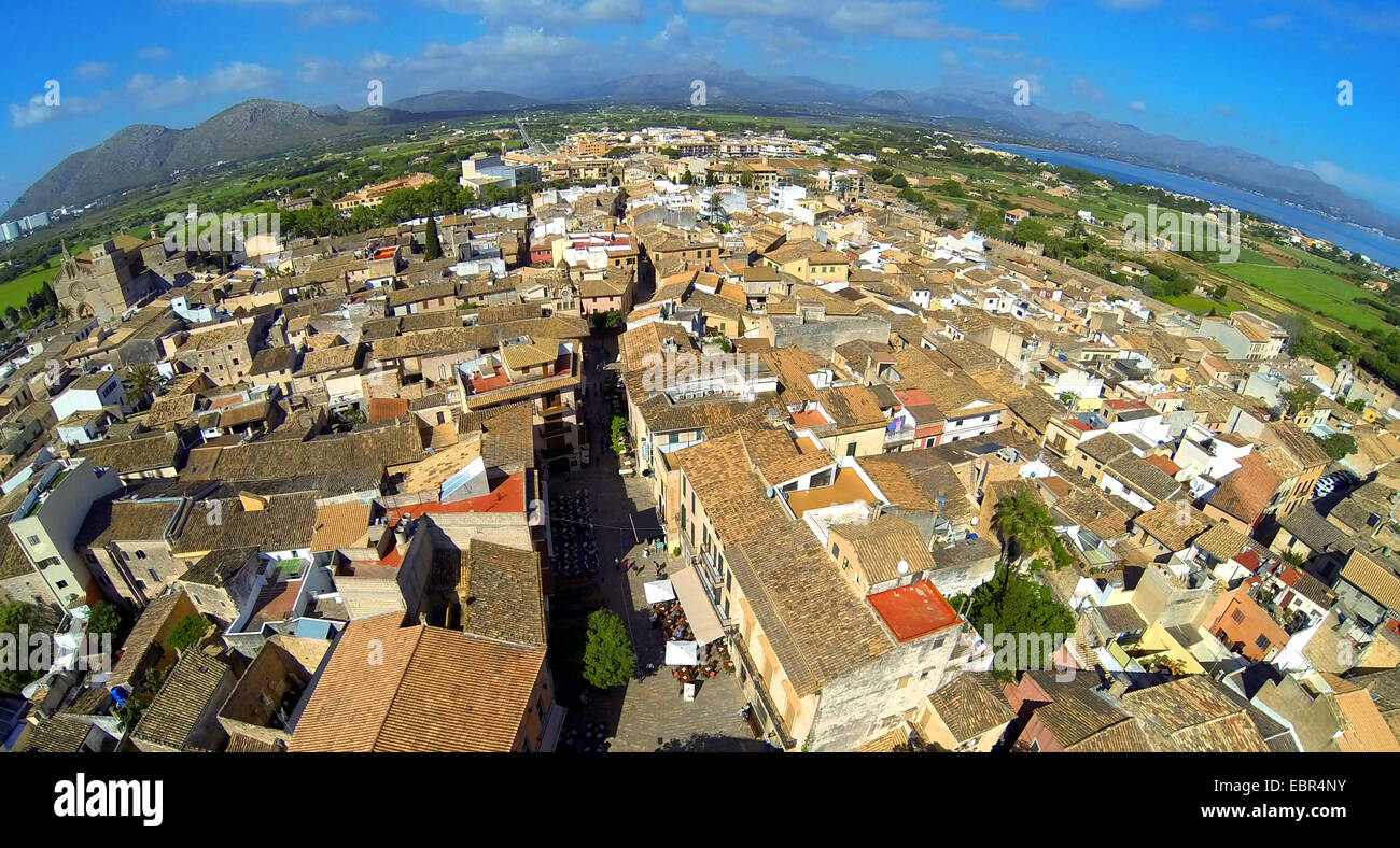 aerial view to the old city, Atalaya de Alcudia in background, Spain, Balearen, Majorca, Alcudia Stock Photo