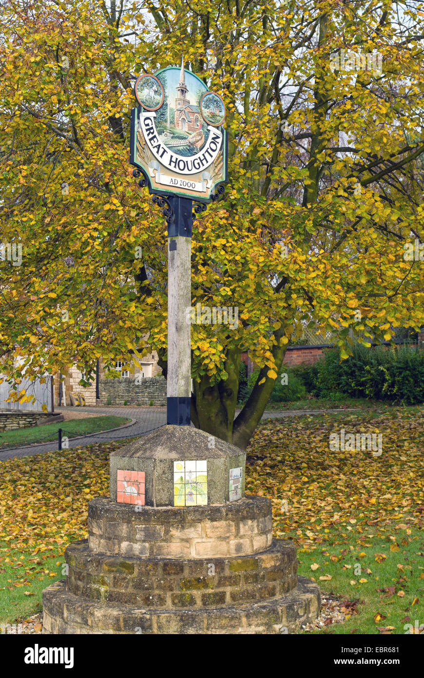 Metal sign, depicting various sites, for the village of Great Houghton