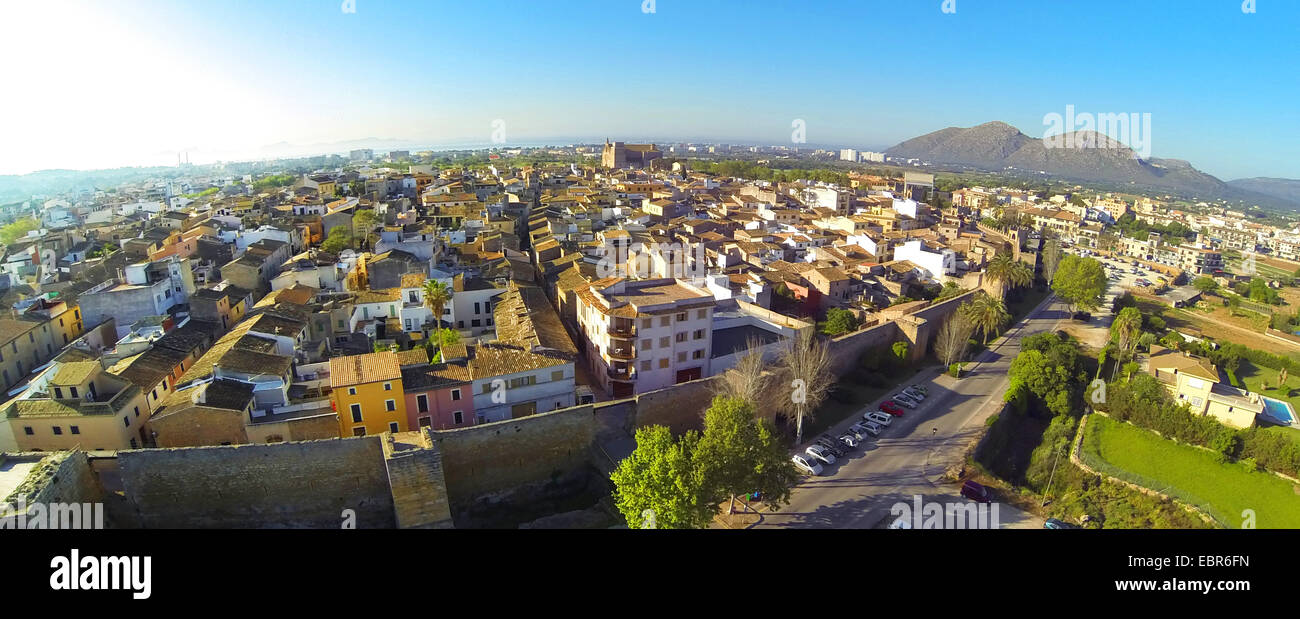 aerial view to the old city, Atalaya de Alcudia mountain range in background, Spain, Balearen, Majorca, Alcudia Stock Photo
