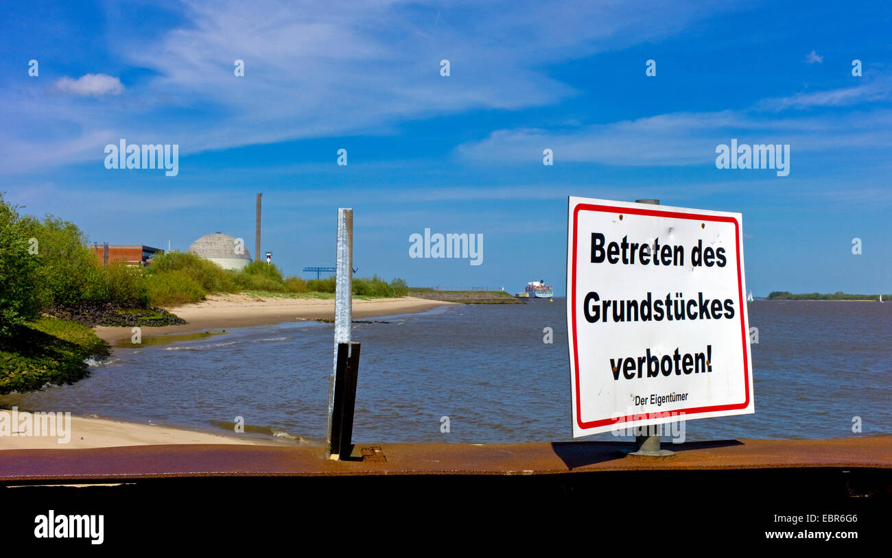 nuclear power station at the Elbe; sign trespassing forbidden, Germany, Lower Saxony Stock Photo