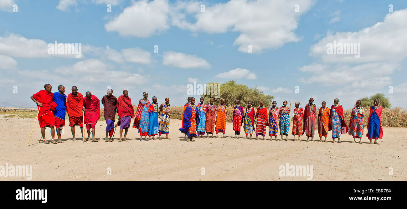 Maasai people jumping and dancing, Kenya, Amboseli National Park Stock Photo