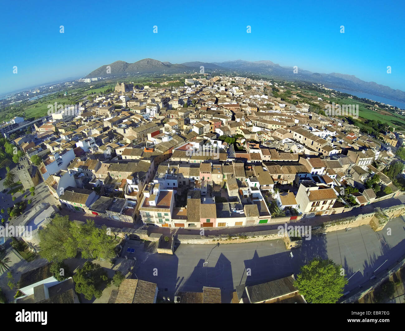 aerial view to the old city, Atalaya de Alcudia mountains in background, Spain, Balearen, Majorca, Alcudia Stock Photo