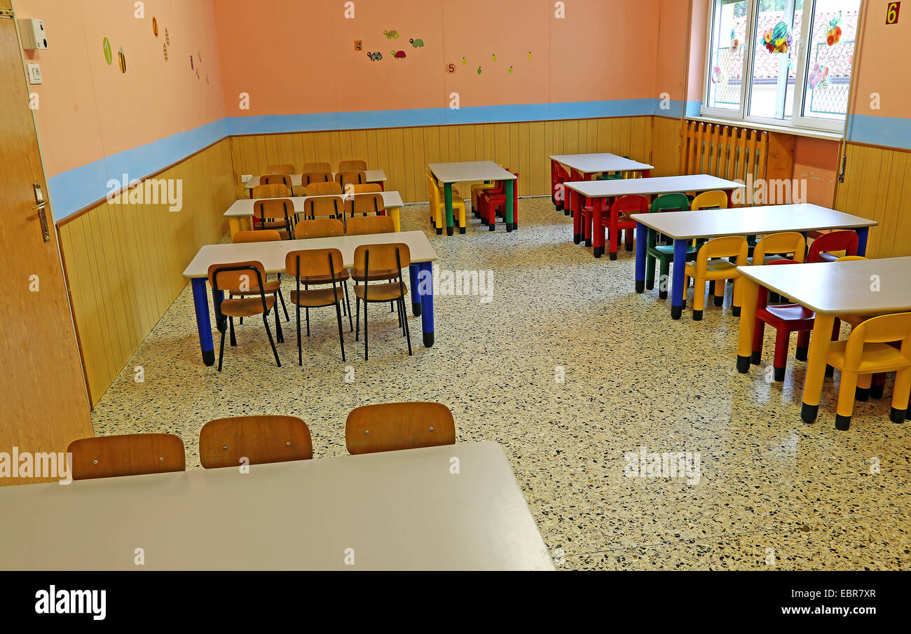 huge refectory of the school canteen before lunch break Stock Photo