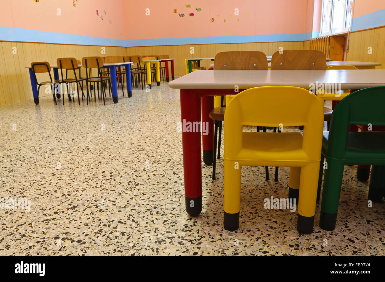 Chairs of a refectory of the school canteen in the schoo Stock Photo