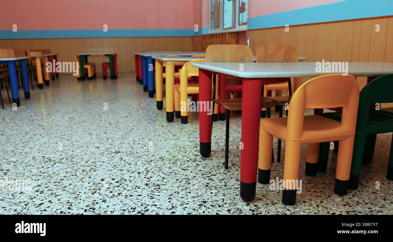 little Chairs of a refectory of the school canteen in the school for children Stock Photo