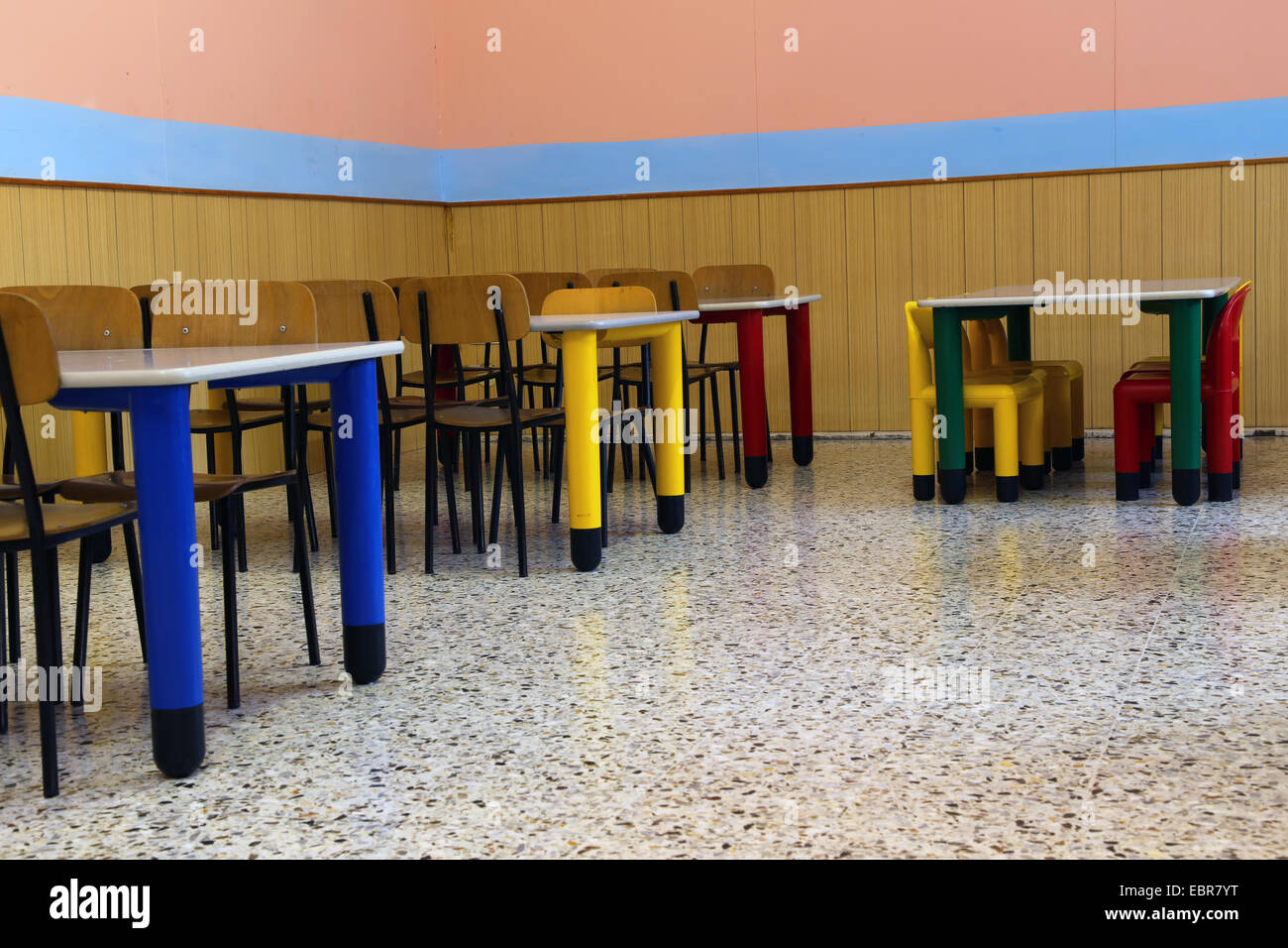 small chairs and tables of a refectory in kindergarten Stock Photo