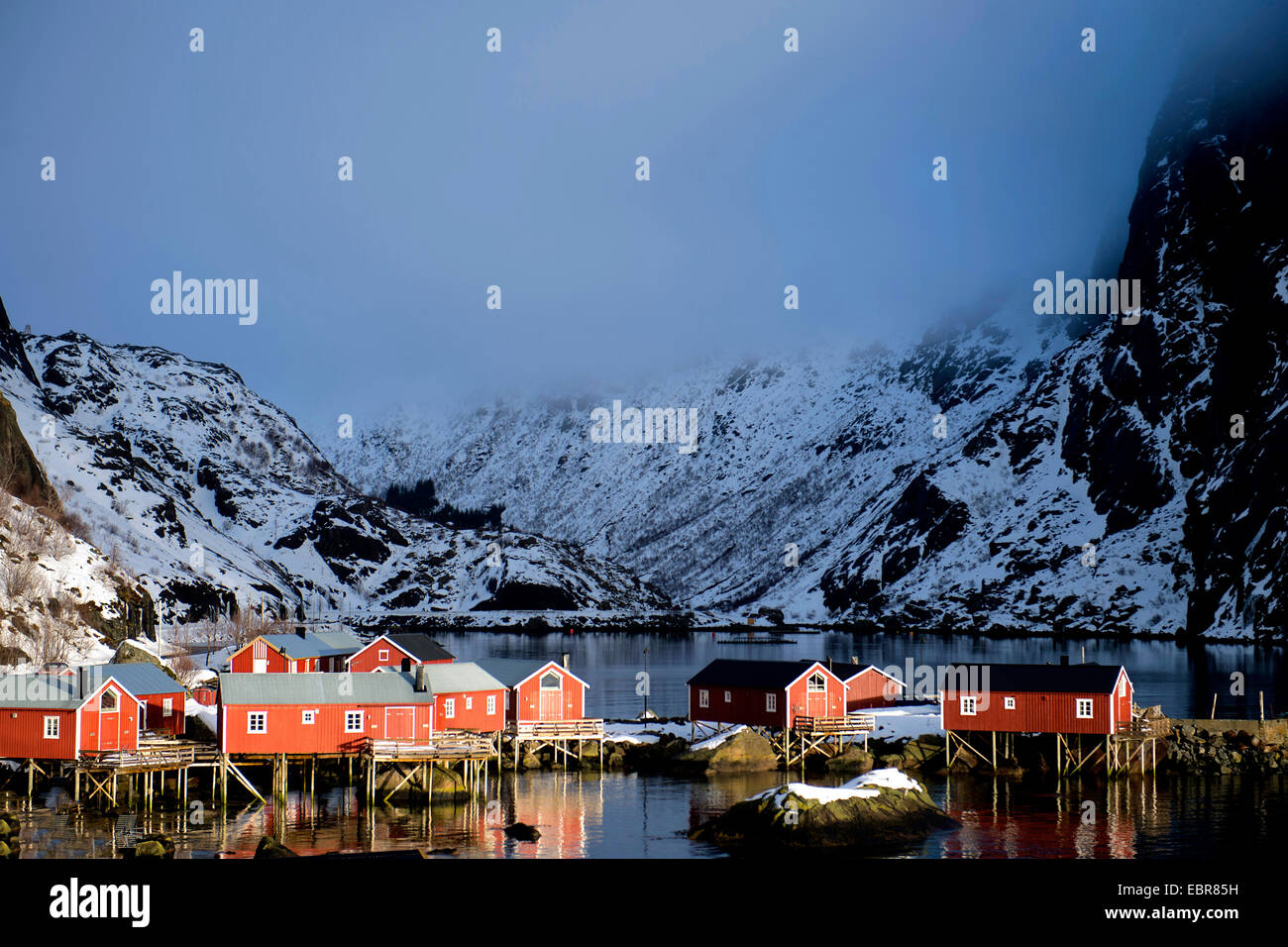 view to snowy coastal town Reine, Norway, Lofoten Islands Stock Photo