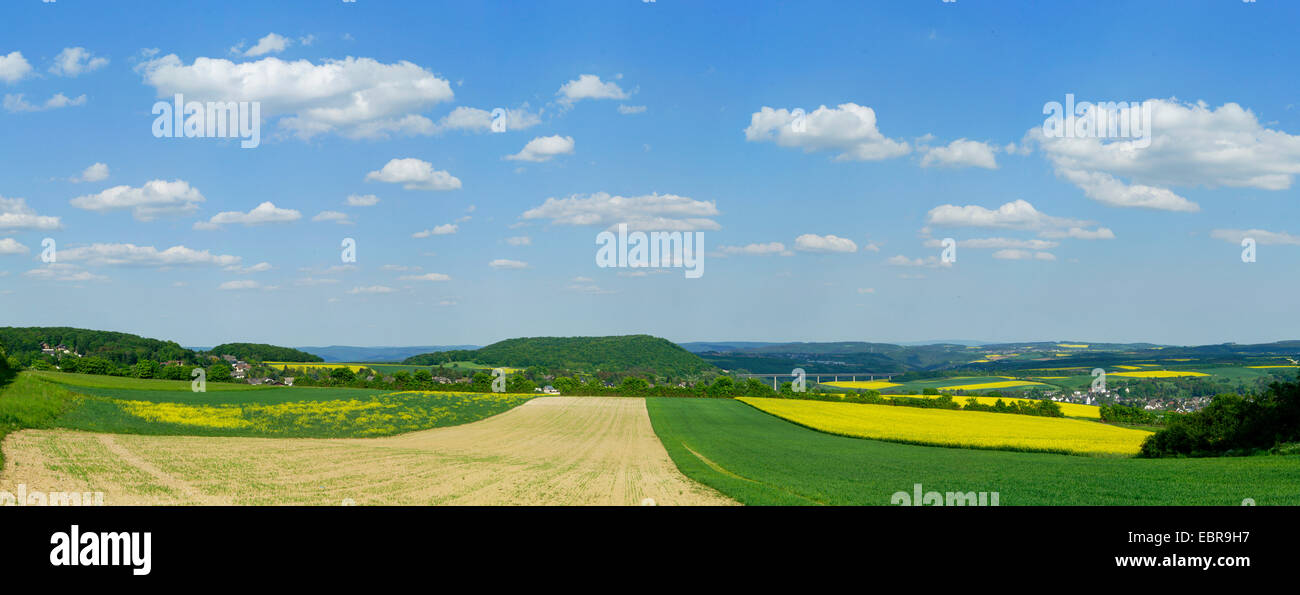landscape of Eifel low mountain range in spring, view to motorway bridge and Niederzissen, Germany, Rhineland-Palatinate, Eifel Stock Photo
