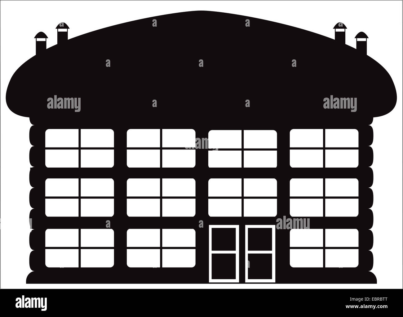 A log chalet hotel silhouette isolated on a white background Stock Photo