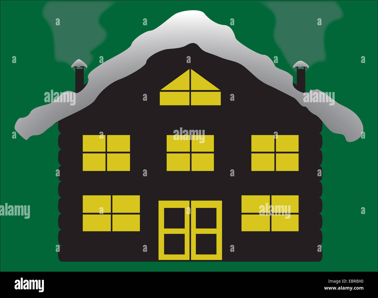 A Christmas log cabin silhouette with snow on a green background Stock Photo