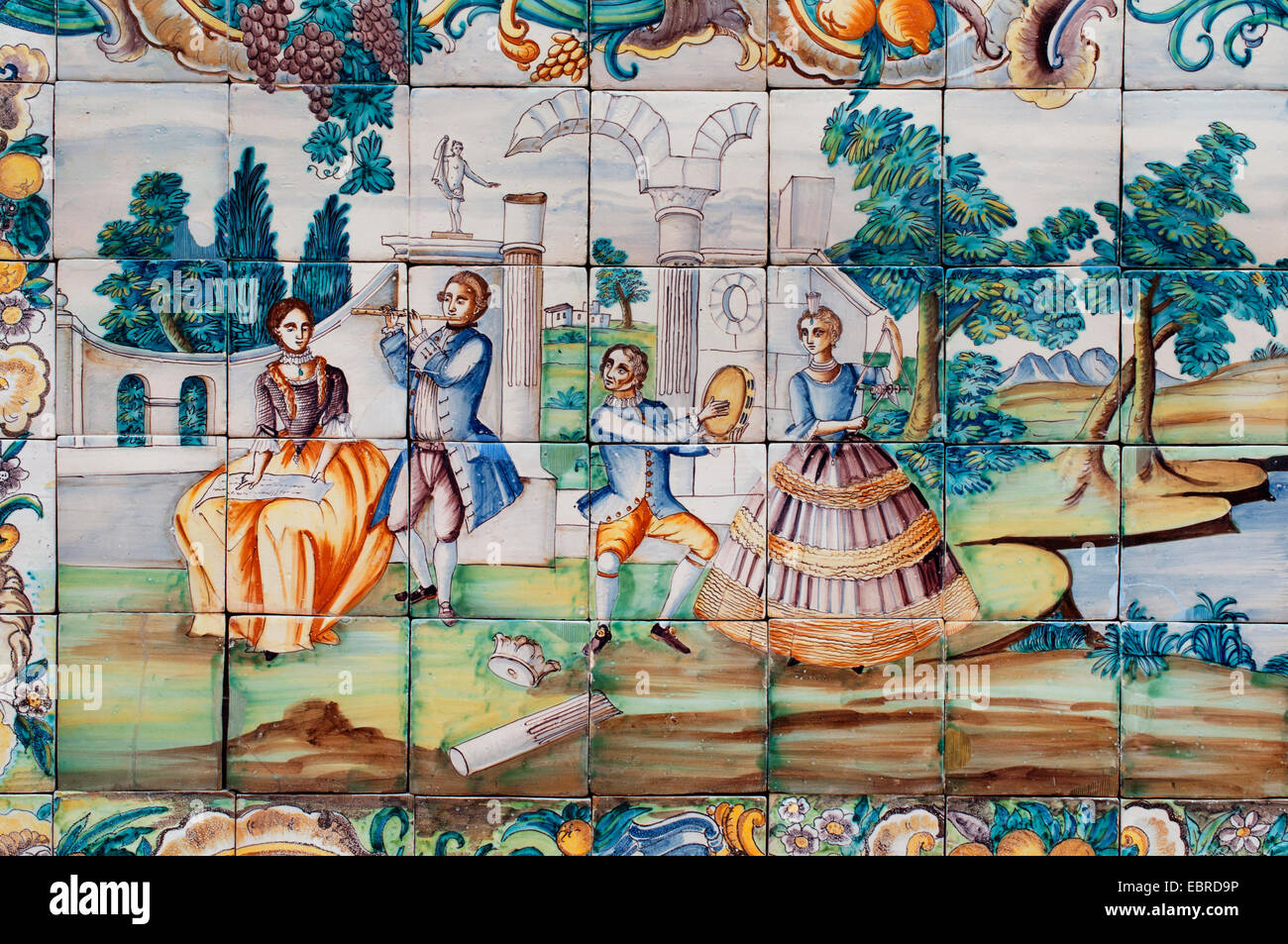 Tile panel with Musicians Polychrome pottery Valencia 18th Century Spain Spanish Stock Photo