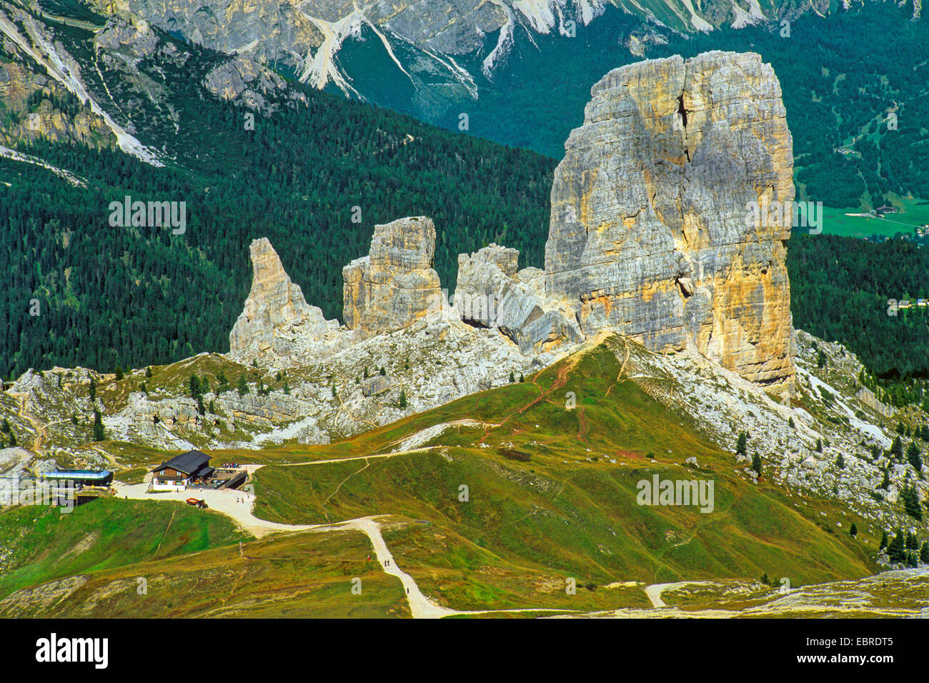 Cinque Torri near Pass Giau, Italy, South Tyrol, Dolomiten Stock Photo