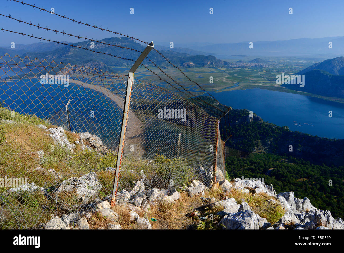 view through a fence to lake Koeycegiz and Dalyan river delta, Turkey, Lycia, Dalyan, Mugla Stock Photo
