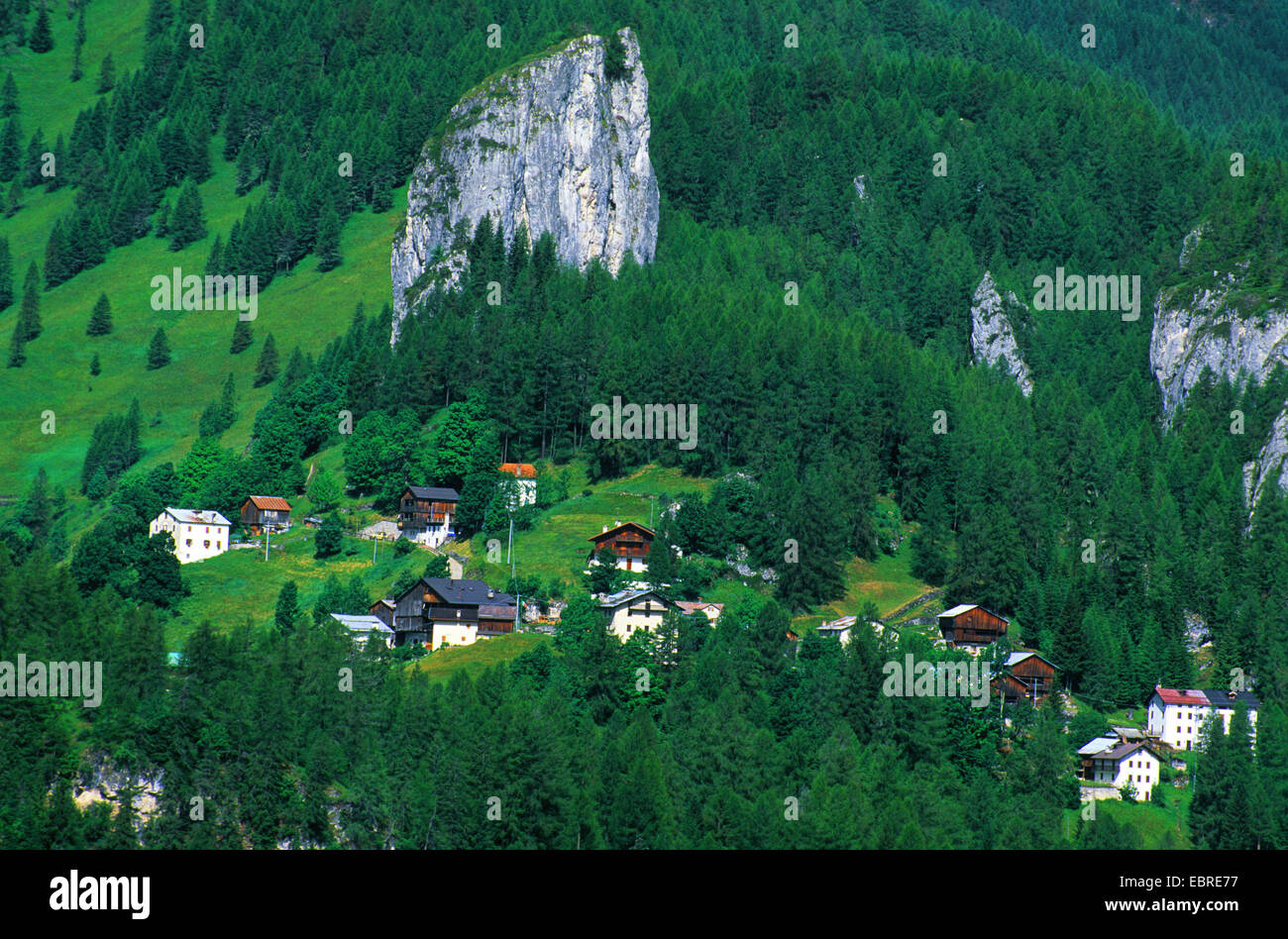 hamlets at mountain slope, Italy, South Tyrol, Dolomiten , Colle S. Lucia Stock Photo
