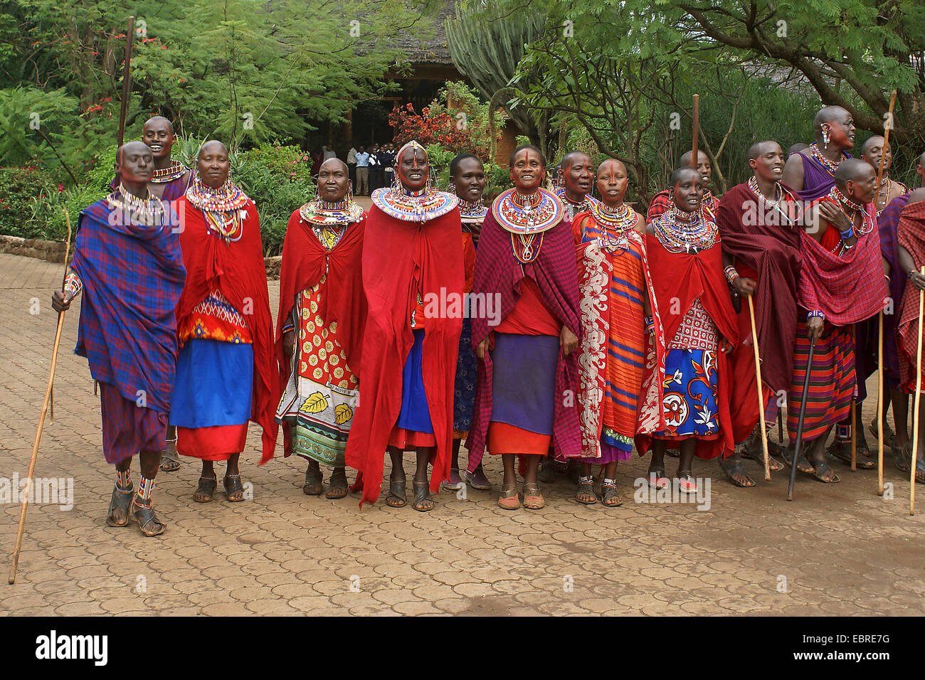 massai group with traditional clothing, Kenya, Masai Mara Stock Photo