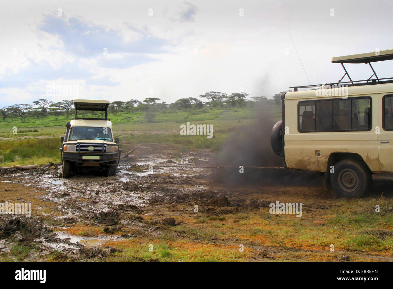 safari car sticking fast in the mud, safari car towing off, Tanzania, Serengeti National Park Stock Photo