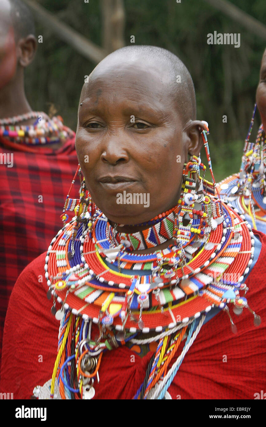 massai with traditional necklace, portrait, Kenya, Masai Mara Stock Photo