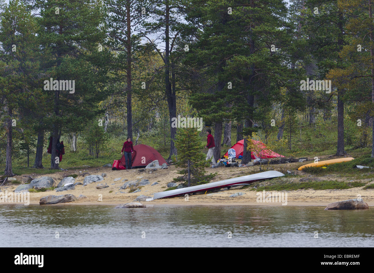 couple camping at Rogen lakeshore, Sweden, Haerjedalen, Naturreservat Rogen Stock Photo