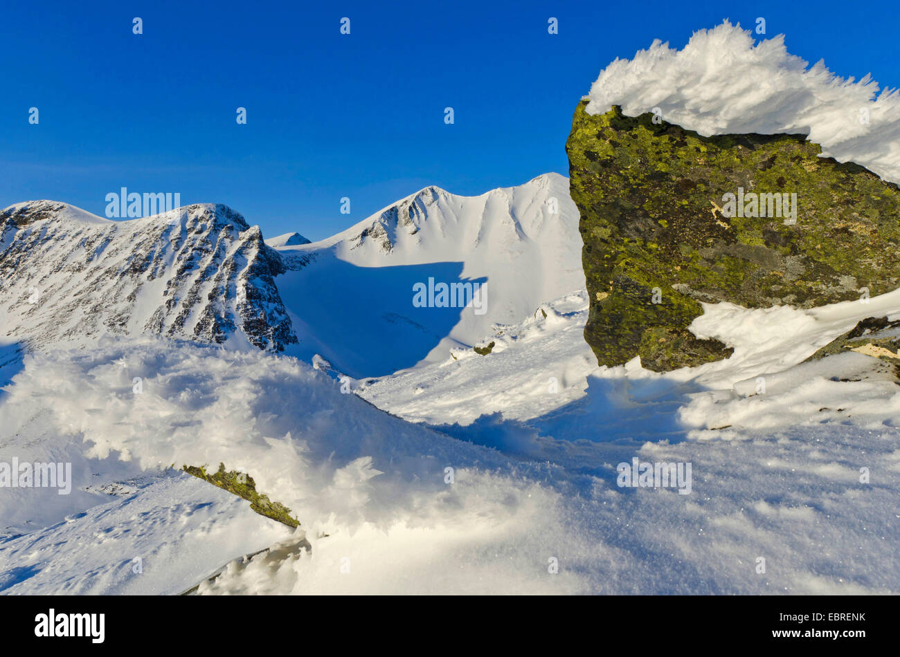 snow-capped mountains of Stuor Reaiddßvßggi, Sweden, Lapland, Norrbotten, Kebnekaisefjell Stock Photo
