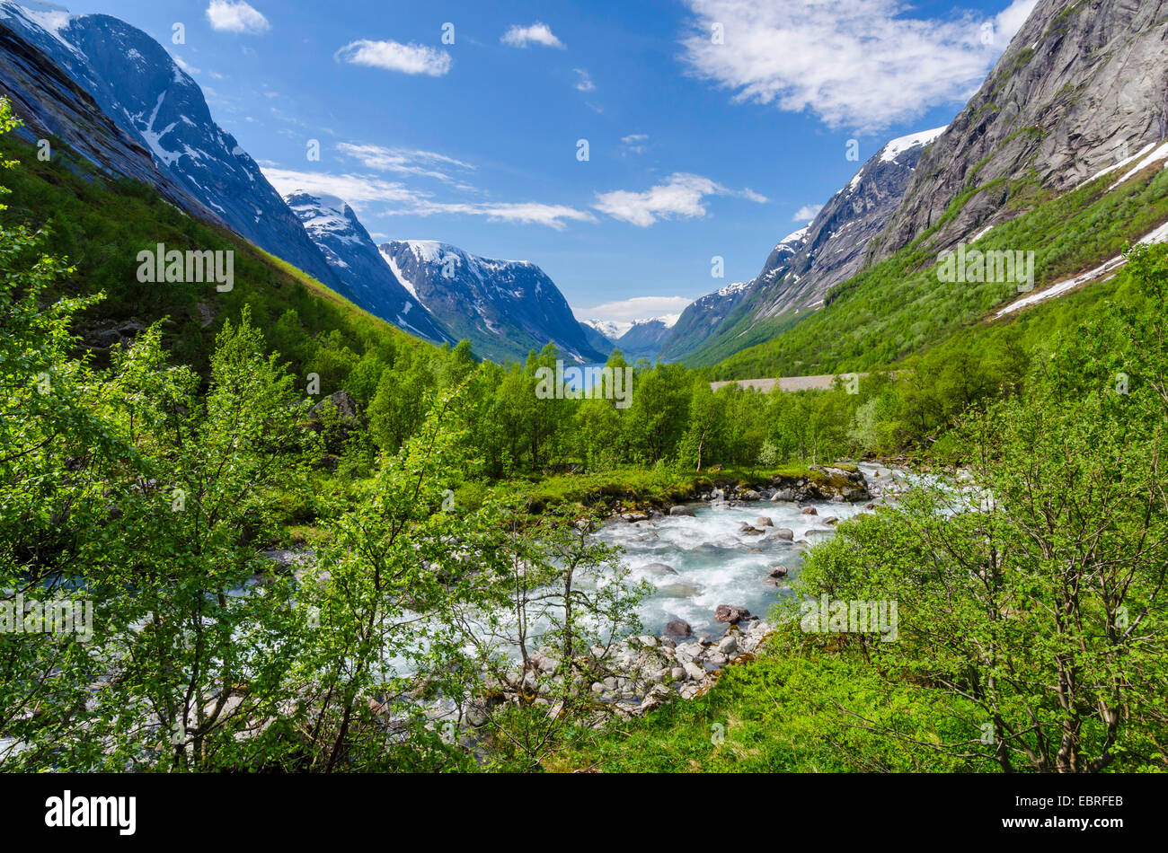 landscape at the Kjoesnesfjorden, Norway, Lapland, Sogn og Fjordane Fylke, Joelster Stock Photo