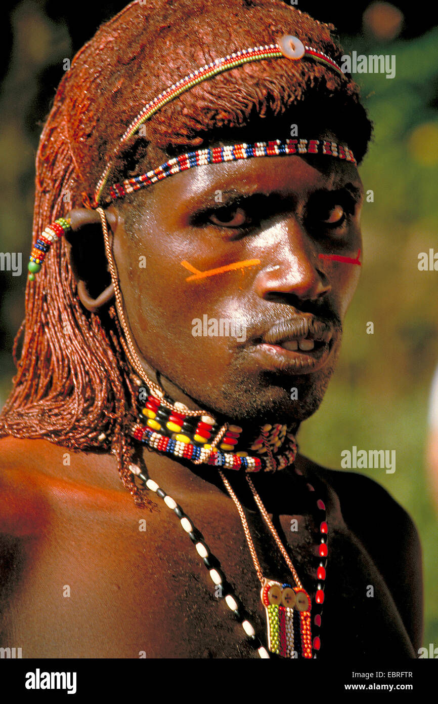 Samburu warrior with ochre-colored hair, Kenya, Masai Mara Stock Photo