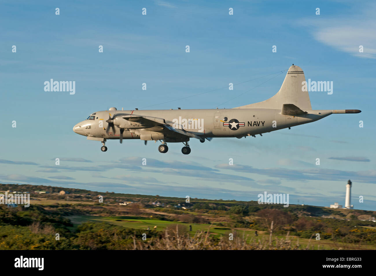 A Lockheed Martin 4 Engined P3 Orion Surveillance and Submarine Hunter Aircraft arriving in Morayshire, Scotland. SCO 9280 Stock Photo