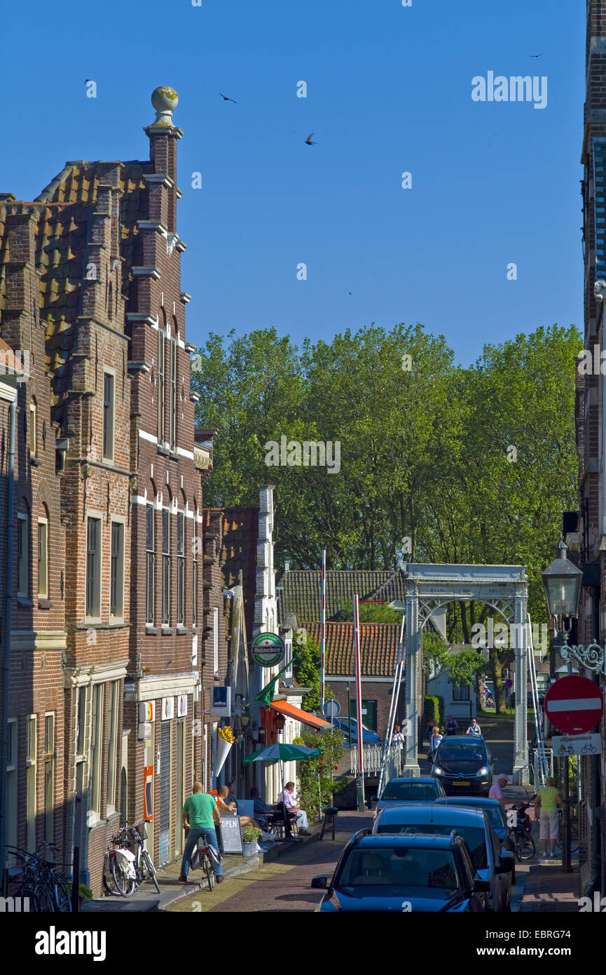 brick-lined buildings and bascule bridge, Netherlands, Noord Holland, Edam Stock Photo