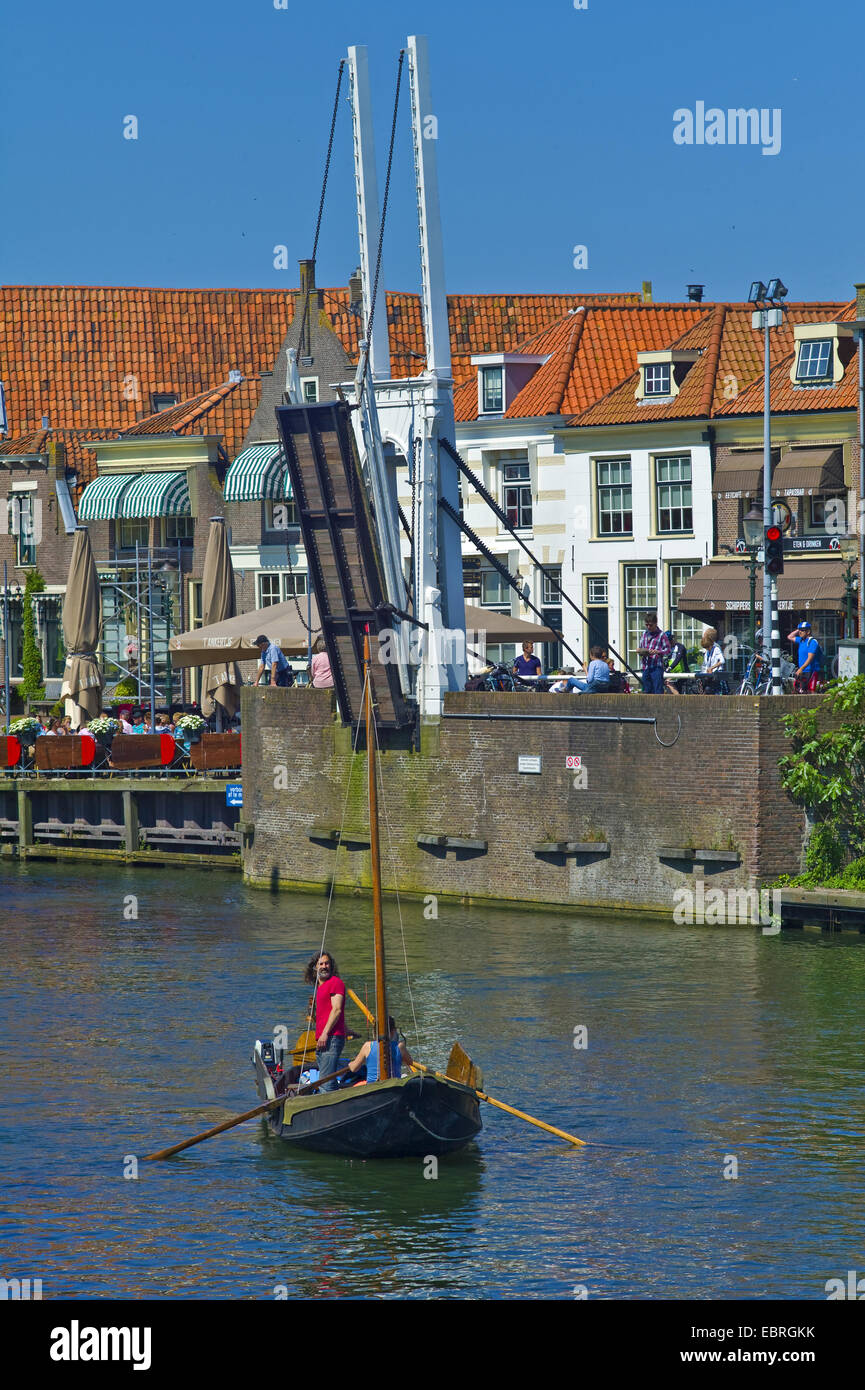opened bascule bridge, flat-bottomed sailing ship left the port, Netherlands, Noord Holland, Enkhuizen Stock Photo