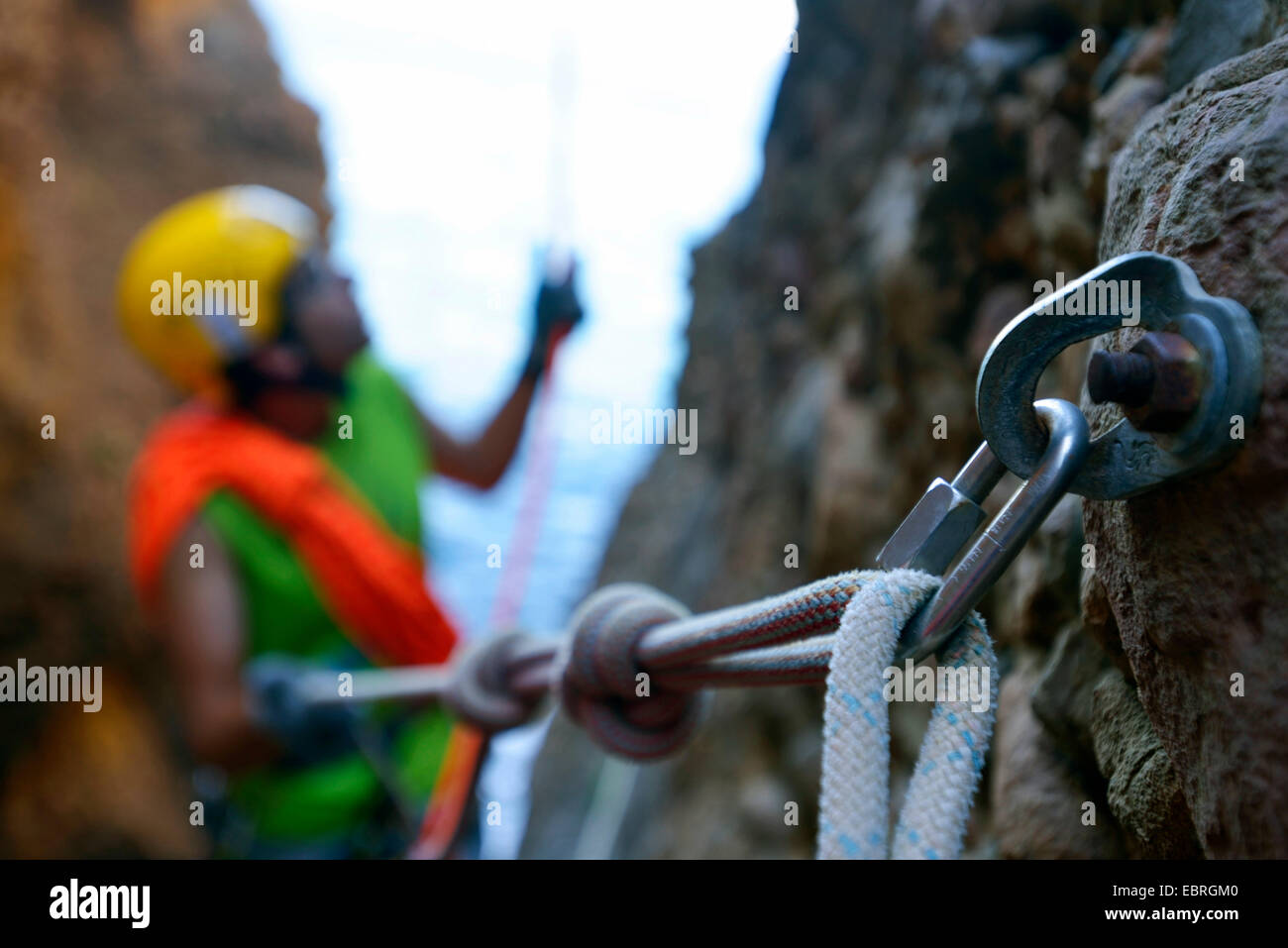 carabiner and climbing rope for canyoning in the canyon called Souffleur on the cliff of La Ciotat, France, Provence, Calanques National Park, La Ciotat Stock Photo