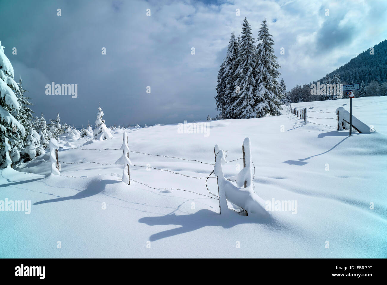 snowy landscape with pasture fence in Hoernle area, Germany, Bavaria, Oberbayern, Upper Bavaria, Bad Kohlgrub Stock Photo