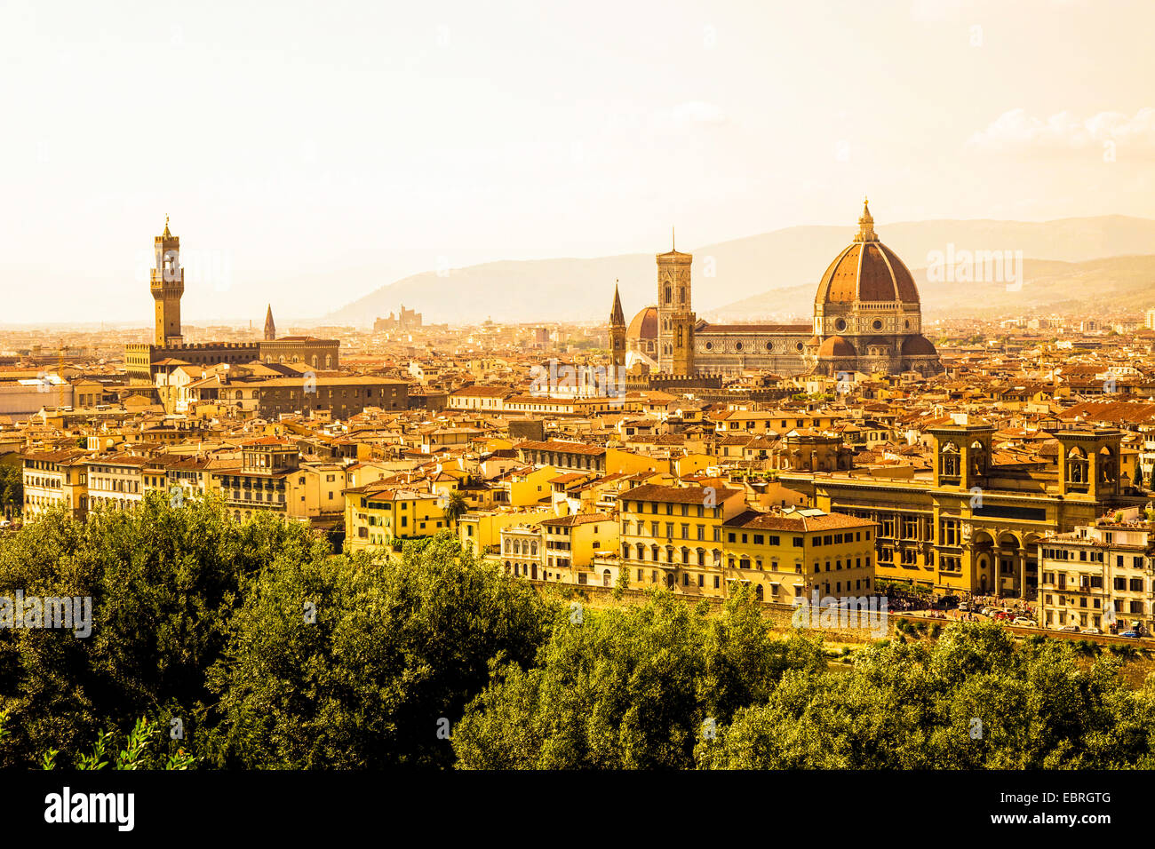 view from Piazzale Michelangolo onto the old town of Florence with Ponte Vecchio, Italy, Tuscany, Florence Stock Photo