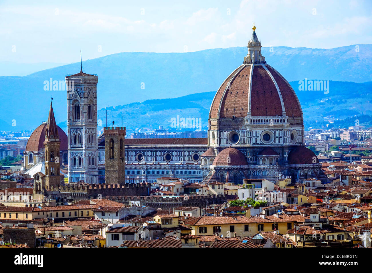 view from Piazzale Michelangolo onto the old town of Florence with cathedral, Italy, Tuscany, Florence Stock Photo