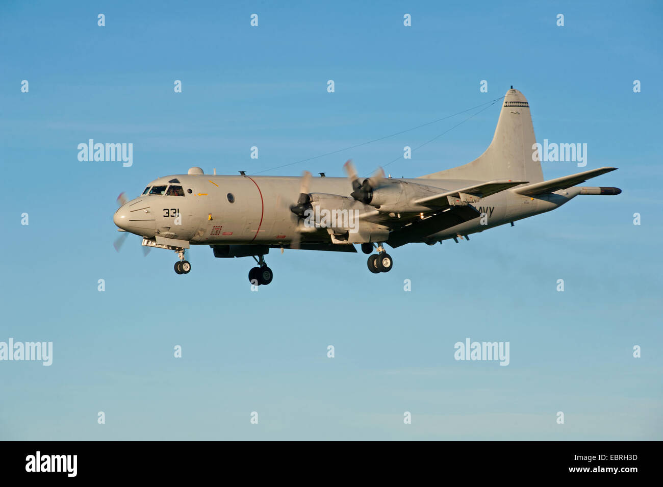 A Lockheed Martin 4 Engined P3 Orion Surveillance and Submarine Hunter Aircraft arriving in Morayshire, Scotland.  SCO 9297. Stock Photo