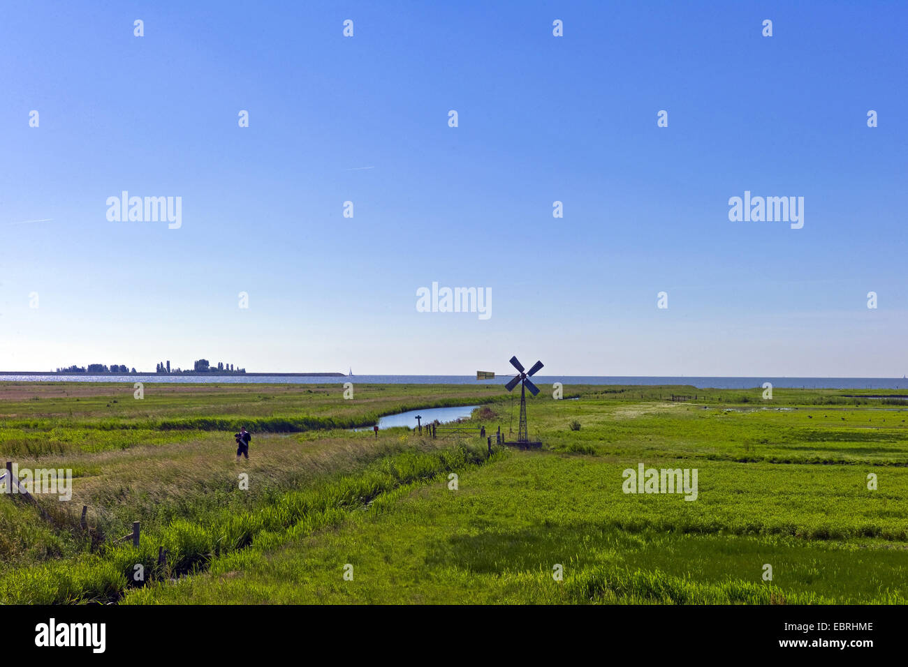 meadows with mill for draining, view to Markermeer, Netherlands, Noord Holland, Enkhuizen Stock Photo